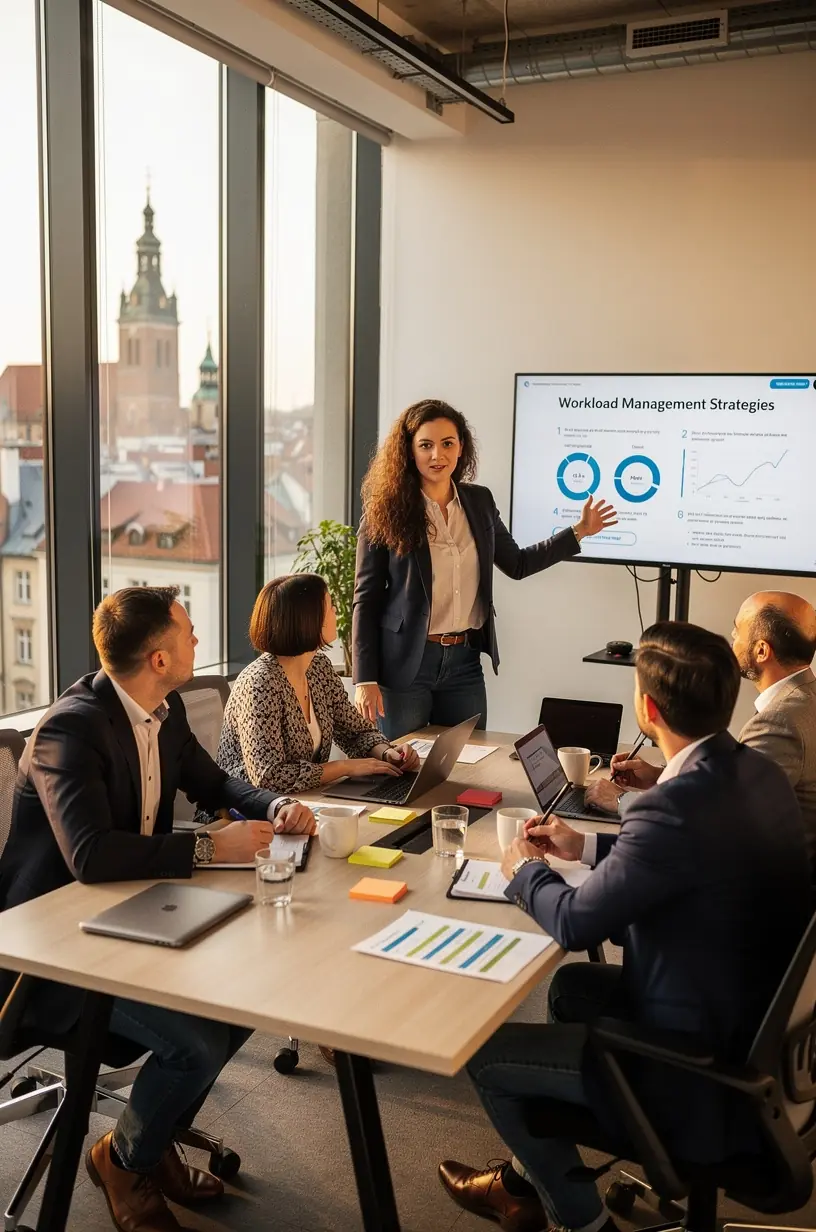 Zespół pracowników omawiający strategie zarządzania obciążeniem pracą na spotkaniu.